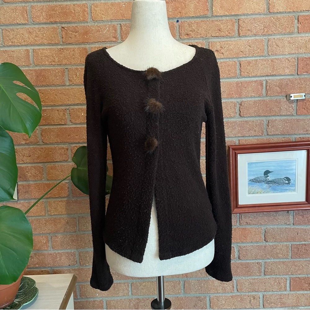 Vintage 90’s Y2K Nara Maglie Brown Pom Pom Cardigan Sweater Italy Size Small